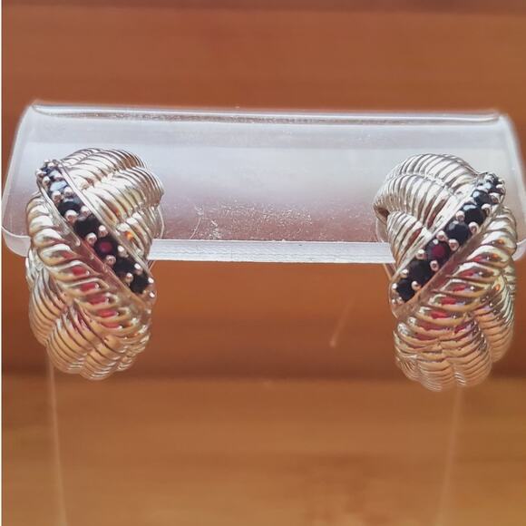 Judith Ripka Blue Sapphire Sterling Silver Hoop Omega Post Earrings 925 - Picture 3 of 8